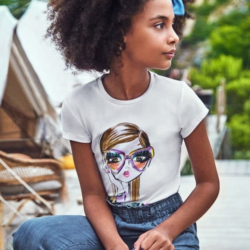 Size 10 Girls Mayoral White Tee with Fashion Graphic